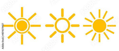 Set of sun symbols presented in three different line designs. Collection of sun icons with three line-style variations.