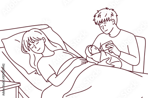Black and white sketch for coloring showing a tired mother resting while the father feeds their newborn infant. Illustration of shared parenting roles and postpartum recovery in a clinic.