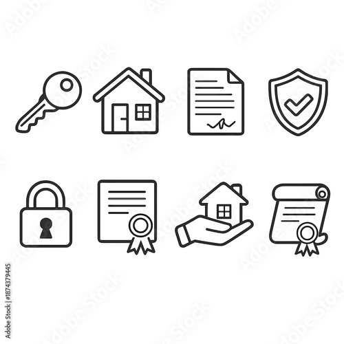 Ownership Icons Collection. Ownershipset in outline vector style key, house, document, shield, lock, certificate, hand holding, title deed