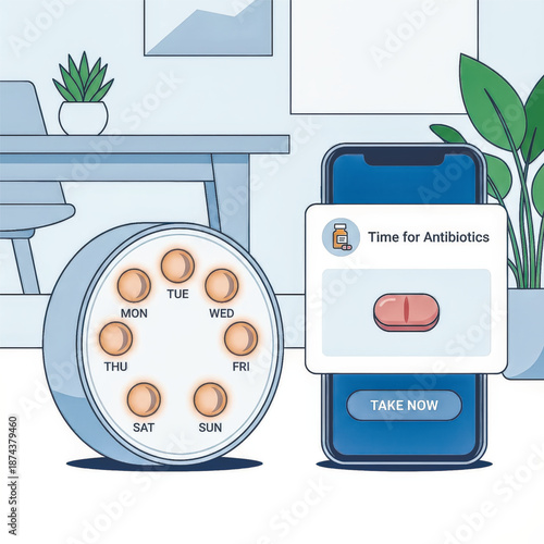 A mobile app sends a reminder to take antibiotics, next to a weekly pill organizer. Concept for health tech and medication management.. Vector illustration