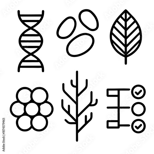 Genetic Diversity Icons. Biodiversity genetic diversity set in outline vector style: DNA strand, seed variants, patterned leaf, cell cluster, branching shapes, trait markers