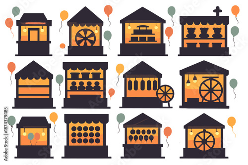 Bold Midway Game Icons. Midway Games icon set in silhouette bold style. Contain glowing carnival booths, game stall silhouettes, soft shadow bands, ambient haze