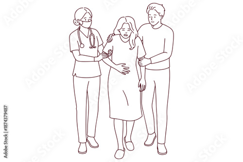 Black and white outline for coloring depicting a woman with severe stomach ache helped by medical staff and her partner. Illustration for medical education and healthcare themes.