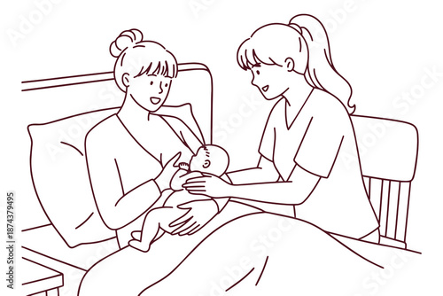 Black and white sketch for coloring showing a nurse or friend helping a new mother with newborn breastfeeding positions. Educational illustration about maternal health and baby care.