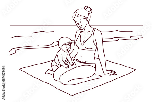 Black and white outline of a happy woman showing her surgical scar while sitting with her son on a beach towel. Educational coloring page about body acceptance and motherhood after surgery.