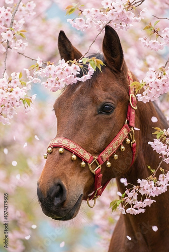 Brown Horse with Red and Gold Halter Surrounded by Cherry Blossoms in Serene Springtime Setting