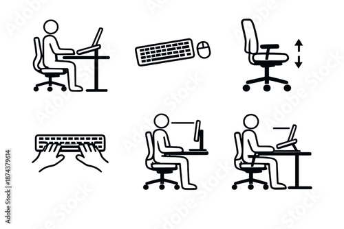 Ergonomic Office Setup Icons. Workplace postureset in outline vector style office desk, laptop stand, keyboard alignment, chair height adjustment, neutral wrist, healthy setup