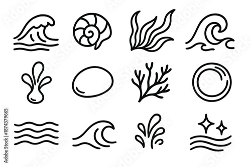 Ocean Icons Set. Ocean Elements set in outline vector style: tide wash, shell spiral, kelp ribbon, surf arc, water plume, marine pebble, reef sprig, open-water