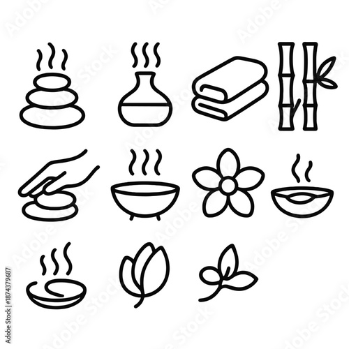 Spa Icon Serenity. Spa Wellness set in outline vector style: hot stones, aroma diffuser, folded towel, bamboo stalks, massage hand, spa bowl, flower petal, soothing steam