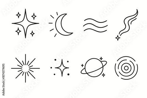 Celestial Icon Series. Celestial Ethereal Light set in outline vector style: star shimmer, moon glow, cosmic haze line, astral wisp, radiant burst, night spark, orbit glow, sky ripple