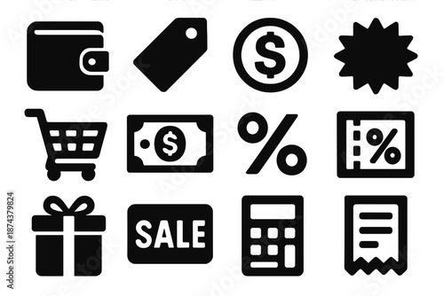 Bold Icon Set. Special Pricing icon set in silhouette bold style. Contain wallet, price tag, coin, discount label, shopping cart, cash, percentage symbol,