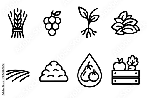 Harvest Icon Collection. Field Gathering set in outline vector style : bundled wheat, fruit cluster, root pull arc, gathered leaf pile, crop row line, harvest mound, produce droplet, collection stripe