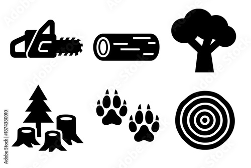 Deforestation Icon Set. Deforestation icon set in silhouette bold style. Contain Chainsaw, Timber, Tree Canopy, Logging Site, Animal Tracks, Stump Circle
