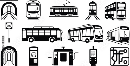 Public transport icons, bus and train symbols, tram and subway illustrations, transit station signs, urban transportation vector set, black and white travel infrastructure graphics