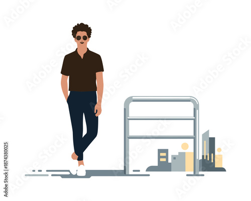 man standing next to cityscape and metal frame