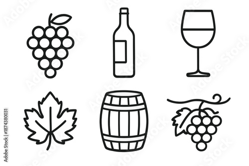 Vineyard Icons Collection. Vineyardset in outline vector style Grape Cluster, Wine Bottle, Wine Glass, Barrel, Vine Leaf, Grapevine