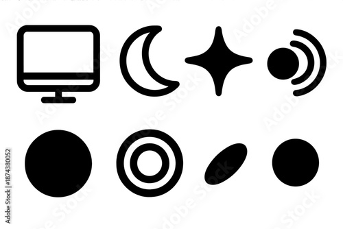 Brutalist Vector Icon Set. Remote Evening Warm Call icon set in silhouette bold style. Contain monitor outline, moonlit curve, drifting glow mote, calm signal dot, light ring, quiet night speck