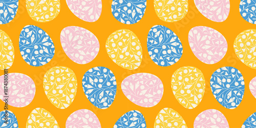 Seamless Easter egg pattern with blue, pink, yellow and white floral eggs on orange background. Spring holiday texture for wrapping paper, cards, textiles, packaging, and egg hunts in april each year.