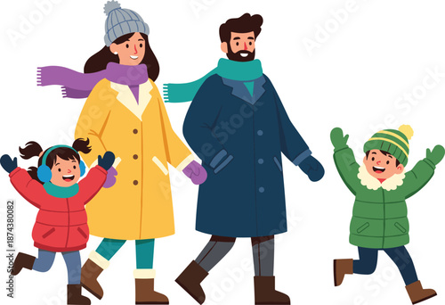 Happy family walking together in winter clothes, parents and children outdoors in cold weather enjoying time, flat vector illustration