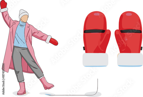 Person in winter clothing with red mittens balancing on ice, close-up of gloves - flat vector illustration
