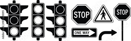 Traffic lights, stop signs, one way signs, pedestrian crossing icons, road safety symbols, traffic control elements, black and white vector illustration for transportation and driving education