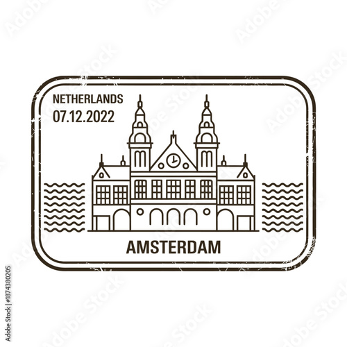 A vintage travel stamp depicting the rijksmuseum in amsterdam netherlands