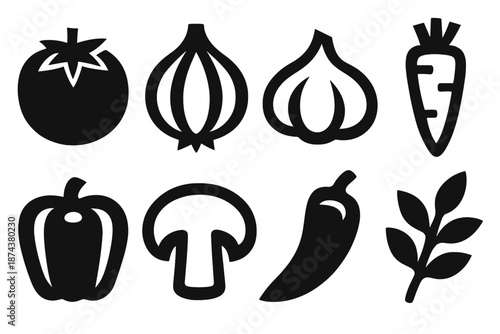 Bold Ingredient Icons. Co-cook Ingredients icon set in silhouette bold style. Contain tomato, onion, garlic clove, carrot, bell pepper, mushroom, chili pepper, herb sprig