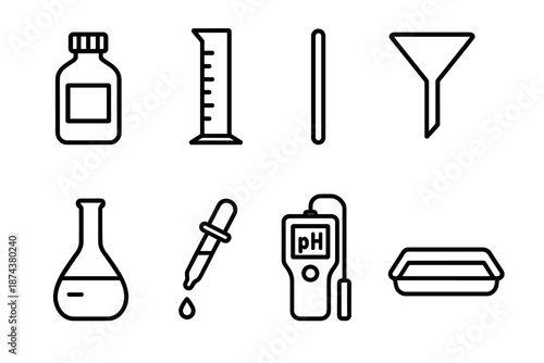 Chemical Lab Icon Set. Chemical Lab Equipment set in outline vector style: reagent bottle, graduated cylinder, stirring rod, funnel, volumetric flask, dropper, pH meter, lab tray