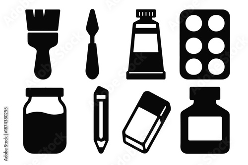 Brutalist Art Tools Icons. Palette Hall Studio Tools icon set in silhouette bold style. Contain paintbrush, palette knife, paint tube, mixing tray, water jar, pencil, eraser, ink bottle