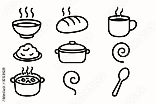 Comfort Food Icons. Comfort Food set in outline vector style: steaming bowl, warm bread loaf, cozy soup mug, mashed potato scoop, casserole dish, hearty stew pot, flavor swirl, comforting spoon