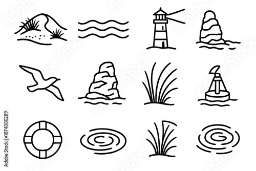 Coastal Iconic Elements. Coastal Seascape set in outline vector style : sandy dune mound, rolling surf band, lighthouse beam arc, coastal rock stack, fluttering
