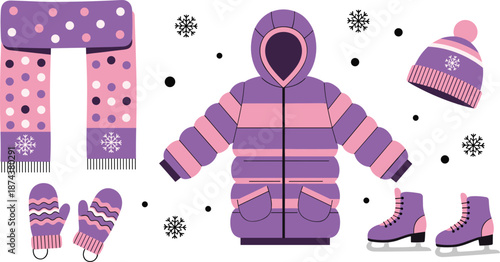 Stylized winter clothing set with coat, scarf, mittens, hat, ice skates, snowflake background - flat vector illustration