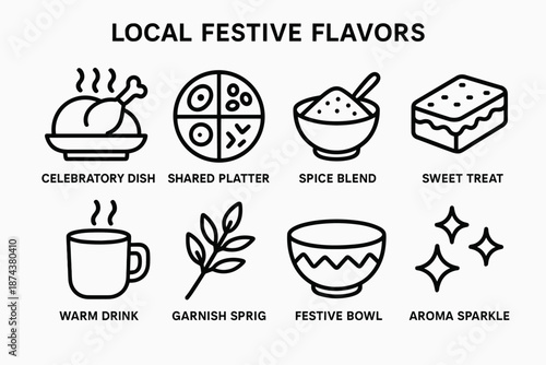 Festive Flavors Icons. Local Festive Flavors set in outline vector style: celebratory dish, shared platter, spice blend, sweet treat, warm drink, garnish sprig, festive bowl, aroma sparkle