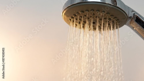 Close-up of hot shower water running, steam rising, and droplets covering the bathroom tile