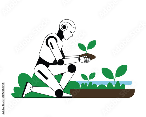 Robot planting a green seedling in the ground with care