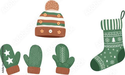 Winter accessories with patterned mittens, striped hat, festive Christmas stocking and snowflakes - flat vector illustration