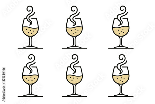 Elegant Wine Symbols. Refined tastingset in outline vector style aroma swirl, crystal glass, pale gold tone, gentle bubbles stream, minimalist table, calm highlight