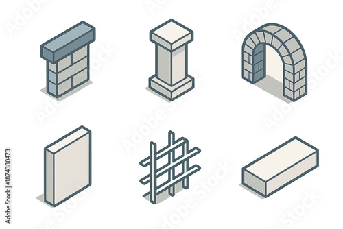 Modern Isometric Icon Set. Built Form set in isometric flat vector : load-bearing bar, geometric pillar, foundational arc, panel segment, lattice hint, firm stroke