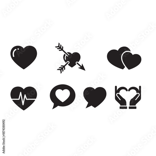 Collection of black heart icons representing love and affection.