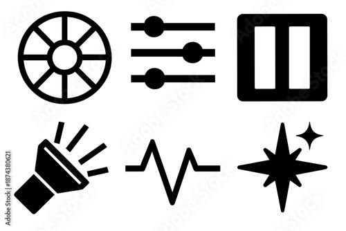 Brutalist Emotion Icons. Managing emotions icon set in silhouette bold style. Contain emotion spectrum wheel, regulation sliders, pause symbol, clarity beam, stable baseline, control spark