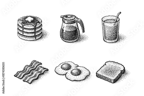Retro stipple art breakfast set with pancakes, coffee, and eggs