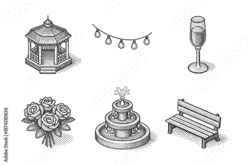 Elegant dot art collection featuring gazebo, garden bench, and more