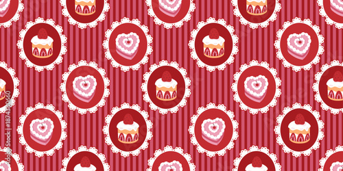 Valentine’s Day seamless pattern with heart candy and cupcake badges on red striped background. Sweet romantic texture for wrapping paper, cards, textiles, packaging and february promos. for lovers.