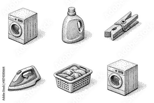 Retro stipple home appliances with vintage halftone style for housekeeping and laundry themes