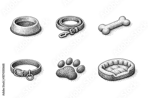 Pet accessories in black and white dot style: bowls, leashes, bones, and more