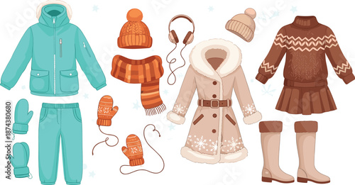Winter clothing collection with coats, sweaters, boots, hats, mittens, scarf, headphones in cartoon style - flat vector illustration