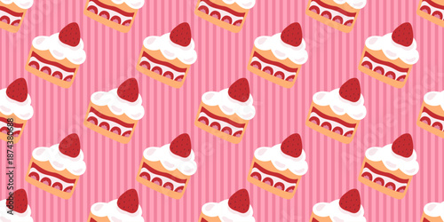 Valentine’s Day seamless pattern with pink striped cupcakes topped with cream and strawberries. Sweet romantic background for wrapping paper, cards, textiles, packaging and february promos for lovers.