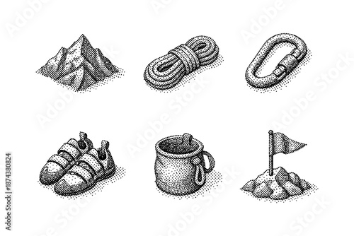 Stipple art: climbing and adventure gear collection in dotwork style