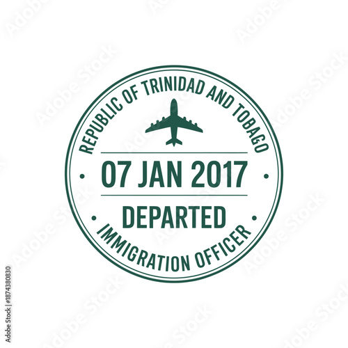 Trinidad and tobago immigration stamp with airplane graphic and departure date