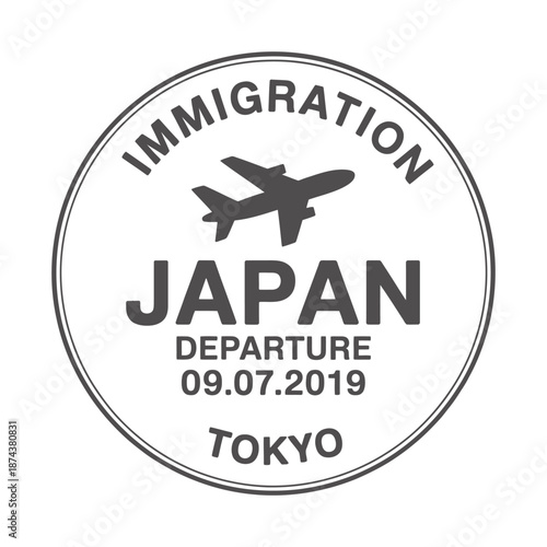 Immigration stamp design featuring an airplane and the word japan tokyo departure
